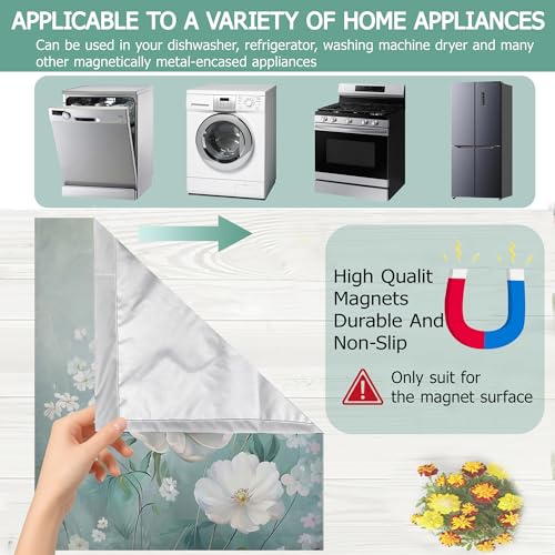 Image of White Flowers Refrigerator Magnet Cover,Green Floral Washable Dishwasher Magnets Decorative Cover,Home Kitchen Decorative Dishwasher Front Panel Cover 23x26 Inch