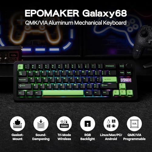 Image of EPOMAKER Galaxy68 QMK /VIA Wireless Mechanical Keyboard, Anodized Aluminum, TOP /Gasket, 6000mAh, RGB Side /Backlight, 65% Gaming Keyboard with Hot-Swap Creamy Switch (Black, Marble White Switch)