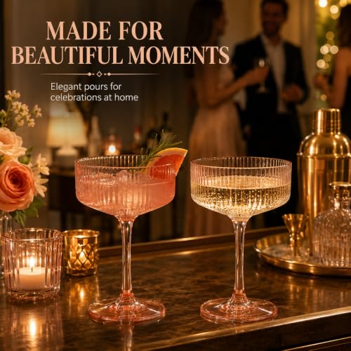 Khen Pink Peach Acrylic Ribbed Coupe Martini Champagne Cocktail Glasses, Set of 2, 8 oz Shatterproof Ripple Stemware European Style Reusable Drinkware Goblets, Indoor Outdoor Parties Weddings Bar Gift by Khen - Used condition - Image 4
