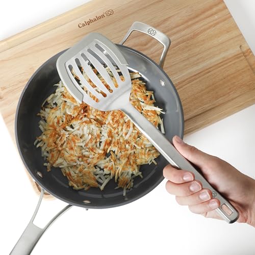 Image of Calphalon Prime Slotted Turner, Stainless Steel Wide Slotted Spatula with Silicone Rim for Nonstick Cookware, Heat Resistant Durable Kitchen Tool for Cooking, Flipping, Draining and Serving