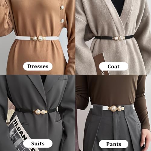 Elastic Stretch Belt for Women, Fashion Retro Pearl Buckle Thin Belt Waist for Jeans Dress Pants(White)3