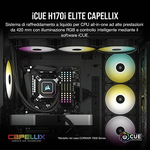 iCUE H170i ELITE CAPELLIX Sistema di Raffreddamento a Liquido per CPU (33 LED RGB CAPELLIX Ultra-Lumino, Radiatore 420mm, Tre Ventole PWM a Magnetica 140 mm, iCUE COMMANDER CORE incluso) - Sistema di raffreddamento - Immagine 1