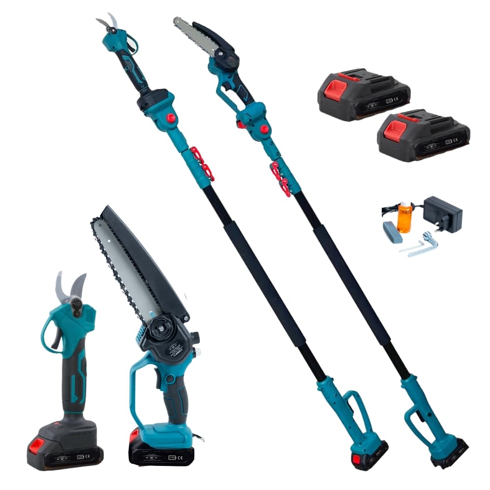 A.M.C. Kit Potatura Forbice e Motosega Elettriche 8 Pollici con Asta Telescopica 128-248cm, Kit 3 in 1 Forbice Elettrica per Giardino e Rami, Arbusti e Vigneto, Professionale