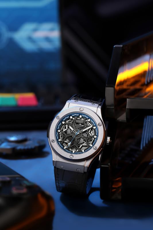 Image of Giordano Automatic Watch for Men - Round Dial, Stainless Steel Case, Transparent Mechanical Movement, Luminous Hands, Black Leather Strap