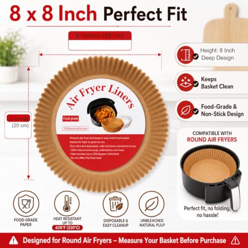 Image of Sakoraware 100 PCS Air Fryer Paper Liners 8 x 8 Inches, Disposable Non-Stick Parchment Paper for Air Fryer, Oil Proof, Food Grade Baking Paper for Roasting, Baking & Cooking (Air Liner RD)