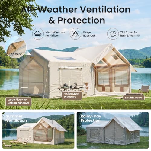 Image of ABORON Inflatable Camping Tent, 4 /6 /8 /10 /12 Person Easy Setup Blow Up Tent with Hand Pump, PU3000mm Waterproof 4 Season Glamping Tent for Outdoor Camping