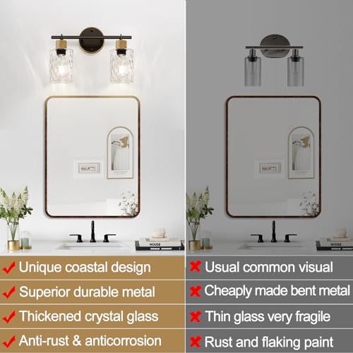 Image of MOKATNG Bathroom Light Fixtures, 2-Light Coastal Vanity Lights with Crystal Glass Shade, Brown and Gold Bathroom Wall Lamp for Mirror Kitchen Hallway Cabinet