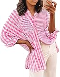 ZESICA Women's Casual Plaid Patchwork Long Sleeve Button Down Oversized Shirt Blouse Top,Pink,Large