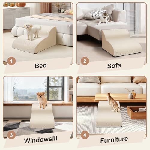 Ezvsevuo Hundetreppe für Kleine Hunde, 2 Stufen Haustiertreppe für Couch aus Hochdichtem Schwamm, Hunderampe aus Schwamm für Sofa Bett, Hunde Treppen mit Abnehmbarer Bezug, Senden Fusselrolle, Beige