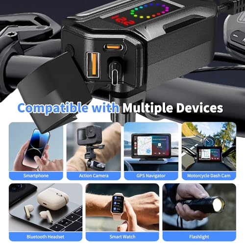Image of Motorcycle USB Charger, 3-in-1 Fast Charging with USB-A & USB-C + Retractable Type-C Cable, 12-24V Waterproof IP56, LED Voltmeter, Handlebar & Mirror Mount for Motorbike ATV