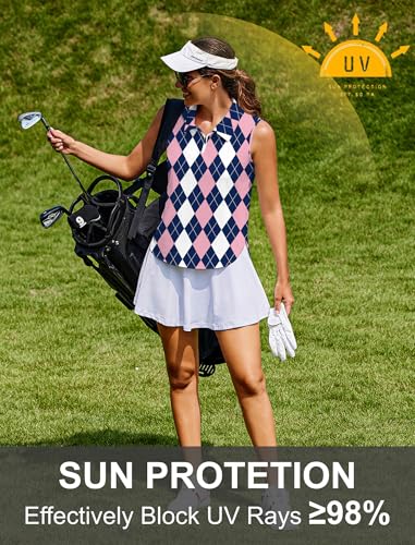 Image of PINSPARK Women Golf Shirts Sleeveless UPF 50+ Tennis Polo V-Neck Quick Dry Athletic T Shirt 1 /4 Zip Collar Workout Tank Top