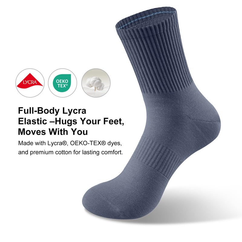 2 Pairs Cotton Men's Crew Socks,Athletic Cushioned Sport Running Calf Socks,Seamless Toe Design,Durable, Soft, Breathable, High Stretch,Size 7-11 white and blue2