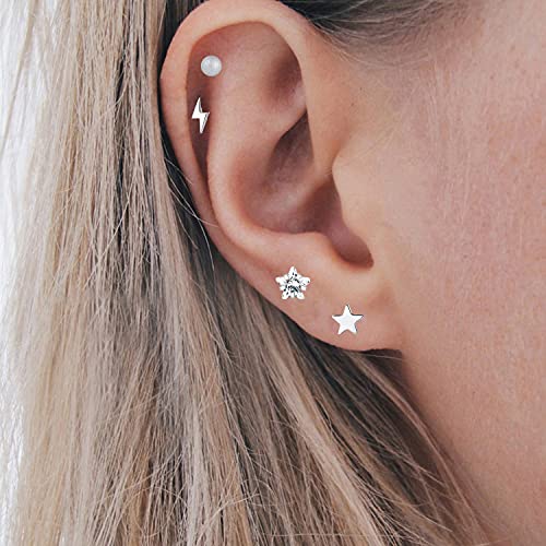Plomfov Stainless Steel Stud Earrings Set For Women Men 18G Cartilage Stud Earrings Moon Star Triangle Circle Heart Square Butterfly Cz Stainless Steel Flat Back Earrings Piercing Jewelry #TOP3
