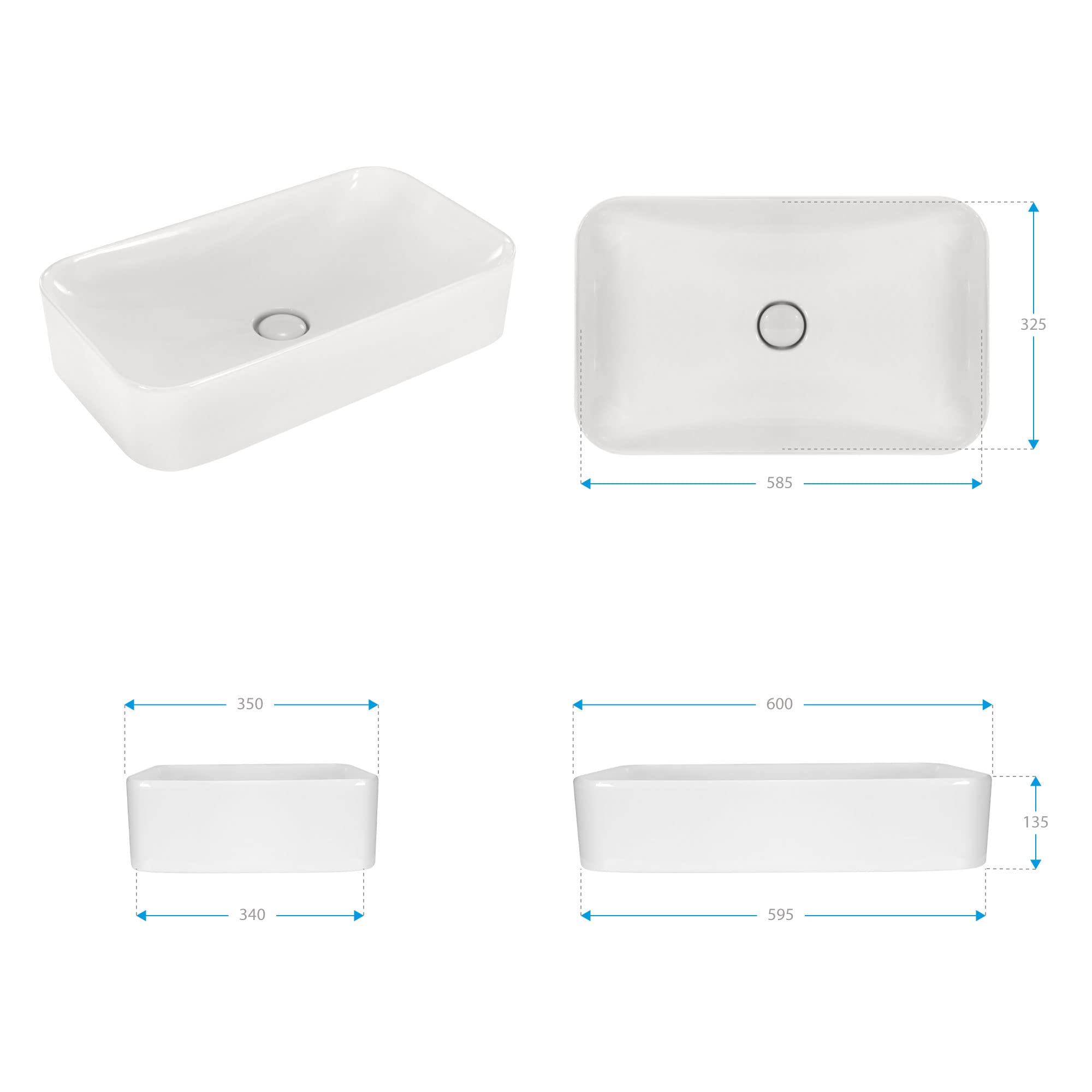 Lavabo sobre Encimera Rectangular en Ceramica Brillante CHIENTI | 60x35x13.5 cm | Incluye Tapon "Pop Up" con Valvula de Desague Click Clack | Sin Taladro Grifo | Color Blanco
