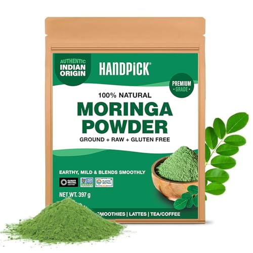 HANDPICK, Polvo de Hoja de Moringa   397g Bolsa Resellable   100% Moringa Oleifera Pura   Sin Gluten y No OGM   Para Batidos, Tés y Recetas   Origen Sostenible