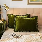 GLORY SEASON Velvet Pillow Shams Set of 2 Retro Ruffle Flounces Trim Soft Decorative Luxurious Solid Olive Green Farmhouse Vintage Pillow Cases for Bedroom Decor 20x26 inches Olive Green