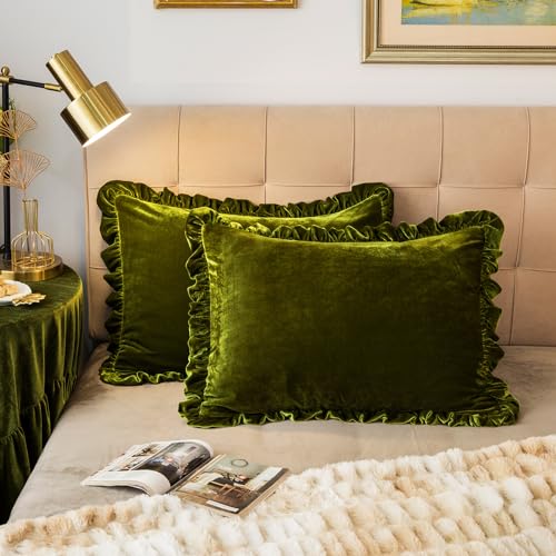 GLORY SEASON Velvet Pillow Shams Set of 2 Retro Ruffle