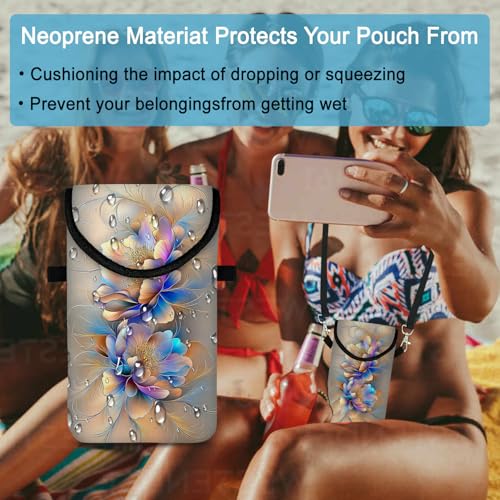 Image of Neoprene Cell Phone Sleeve Pouch Case Bag with Crossbody Strap Neck Lanyard for Women 7.5 X 4.3 in BF Flowers