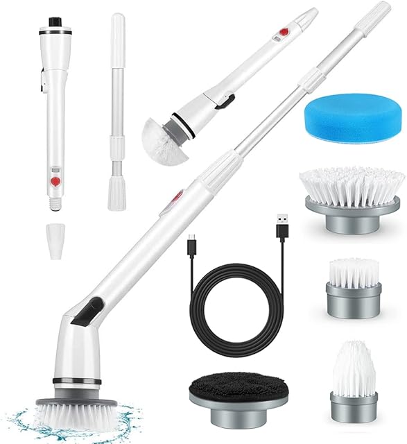 Electric Spin Scrubber Cordless Shower Cleaner Bathroom Cleaning Brush Electric Scrubbing Brush with Tool Free Adjustable Extension Arm and 5 Replaceable Heads for Tile Tub Kitchen Floor Bathroom