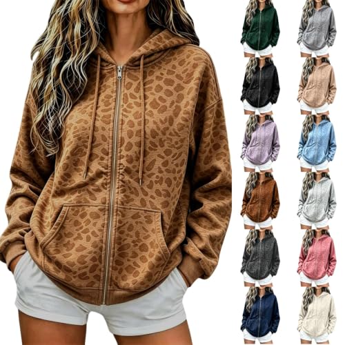 Zip Up Hoodie Women Leopard Hooded Jackets Oversized Y2K Sweatshirts Coat - image 1