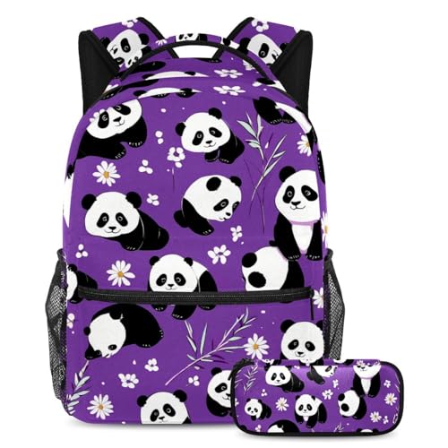 Sac à dos 2 pièces panda sur violet pour le collège et les loisirs des ados