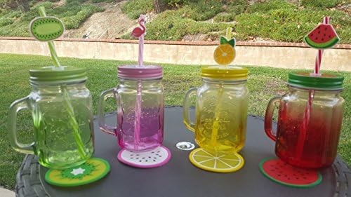 Top Mason Jar | 4 Pcs 15 Oz Gorgeous Old Fashioned Drinking Mug Jar Set with Glass Handle Colorful Stainless Steel Twist Lid Reusable Striped Straw and Cleaning Brush