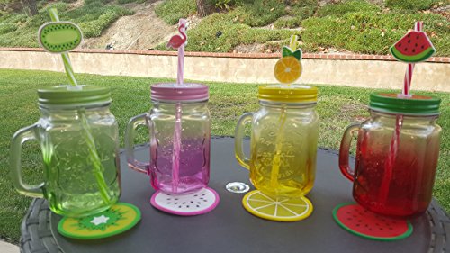 Top Mason Jar | 4 Pcs 15 Oz Gorgeous Old Fashioned Drinking Mug Jar Set With Glass Handle Colorful Stainless Steel Twist Lid Reusable Striped Straw And Cleaning Brush #TOP10