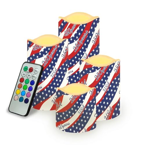 Image of 250 Years of America Pillar Led Candles Set of 4 Star Stripes Patriotic Candle Warmer Lamp Fourth of July Remote Control Candles Modern Decors for Indoor Outdoor Parties