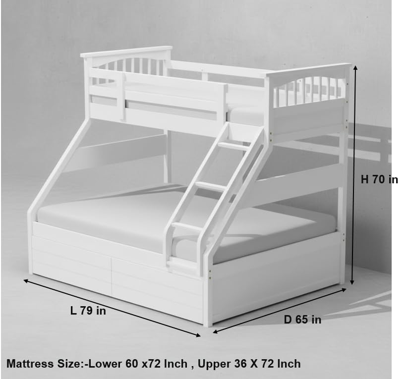 Image of APRODZ Haven Queen Size Solid Wood Bunk Bed with 2 Drawer Storage | Wooden Twin Over Bed with Ladder for Kids' Room Bedroom Living Room Home (White)