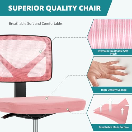 Image of OLIXIS Armless Office Chair, Ergonomic Desk Chair with Wheels, Mesh Back, Removable Washable Foam Cushion, Height Adjustable Rolling Swivel Chairs for Small Space, Home, Office, Pink