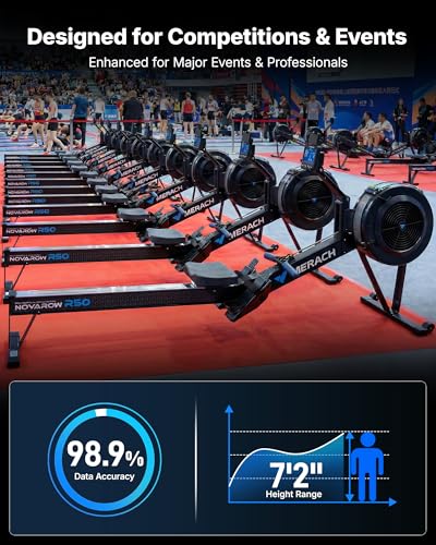 Image of Merach Indoor Rowing Machine - Competition Monitor, Adjustable Air Resistance Rowing Machines for Home, Ergonomic Comfort Seat and Device Holder, Easy Storage