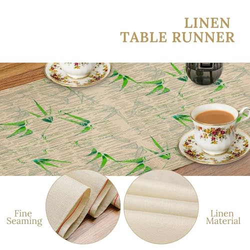 Image of Bamboo Print Linen Table Runner,Rustic Farmhouse Nature Table Decor for Indoor Outdoor Dining Kitchen, Coffee Table Decor, Spring and Summer Party Decoration,13x120 Inch
