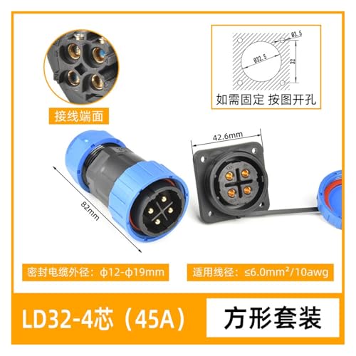 Conector industrial impermeable LD32 cuadrado de 4 pines sin soldadura 2