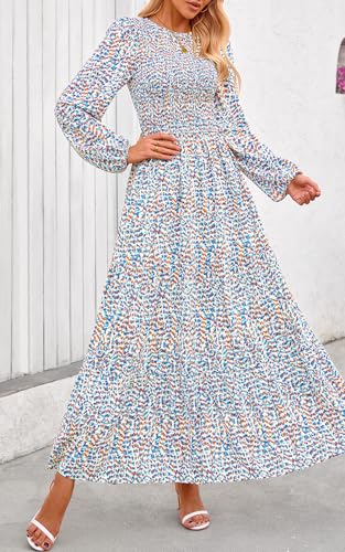 Image of PRETTYGARDEN Women's Fall Dresses 2026 Long Sleeve Flowy Casual Floral Maxi Dress Crew Neck Smocked Tiered Long Dress