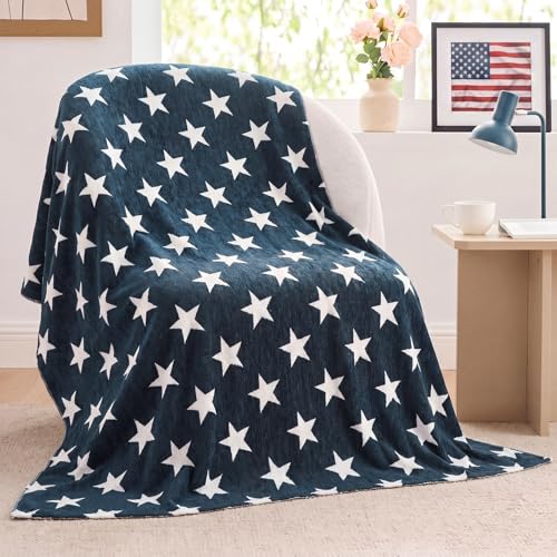 Hahafelt Patriotic Blue Star Chenille Throw Blanket 50 x 60 4th of July Independence Day American USA Flag Blanket 250th Anniversary for Couch Bed Sofa Chair Living Room Outdoor Decorative Home Gift
