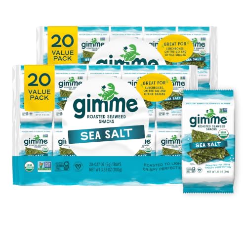 Gimme Seaweed Organic Premium Roasted Seaweed Snacks, Sea Salt, Keto, Vegan, Gluten-Free, Great Source of Omega3s and Iodine, Healthy On-The-Go Snack for Kids and Adults, 20 Count (Pack of 2)