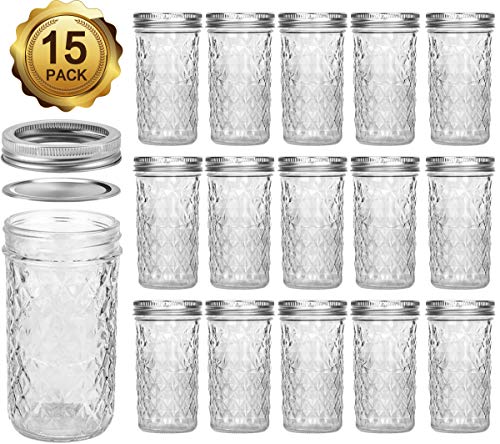 Mason Jars 12 OZ, VERONES Canning Jars Jelly Jars With Regular Lids, Ideal for Jam, Honey, Wedding Favors, Shower Favors, Baby Foods, 15 PACK