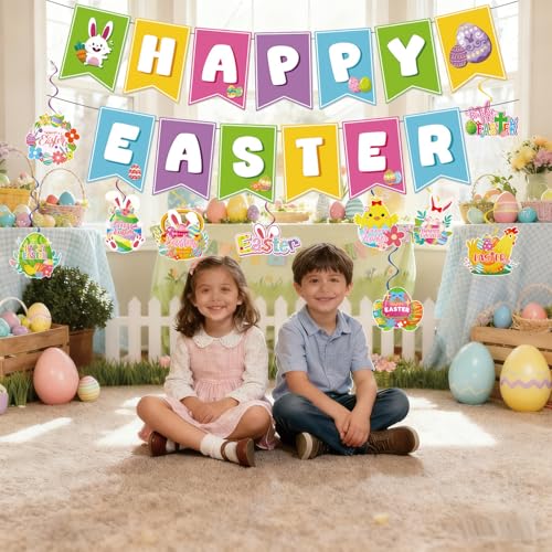 Image of Happy Easter Banner and Egg Bunny Chicken Hanging Swirls for Easter Party Decorations Indoor Outdoor Home Classroom Baby Showers 1st Birthday Decor
