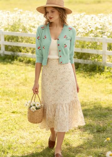 Image of Belle Poque Women's 3 /4 Sleeve V-Neck Button Down Cherries Embroidery Cropped Cardigan Sweater Coat