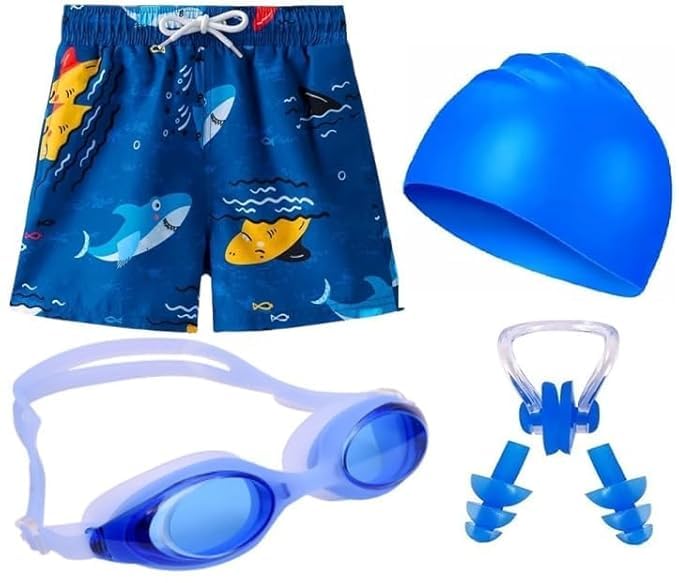 spocco | Kids Swimming Kit with 1 Swimming Shorts | Costume | Trunk Swimming 1 Anti Fog Swimming Goggles 1 Silicone Swimming Cap 1 Nose Clip 2 Ear Plugs (5-8 Yrs) Blue-picture-15