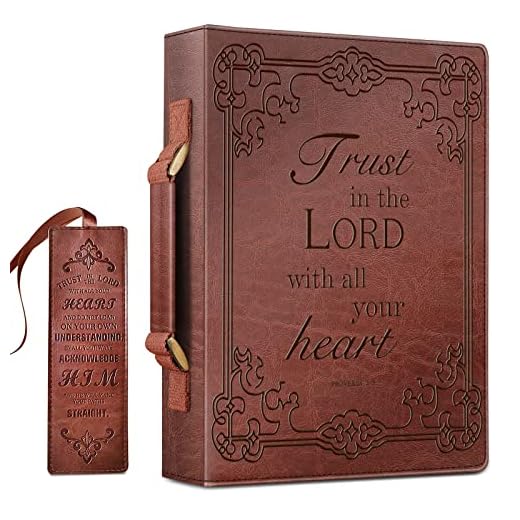 Classic Bible Cover, FINPAC Large PU Leather Carrying Book Case Church Bag Bible Protective with Handle, Perfect Gift for Men, Women, Father, Mother, Friends [Trust in The Lord] -Brown