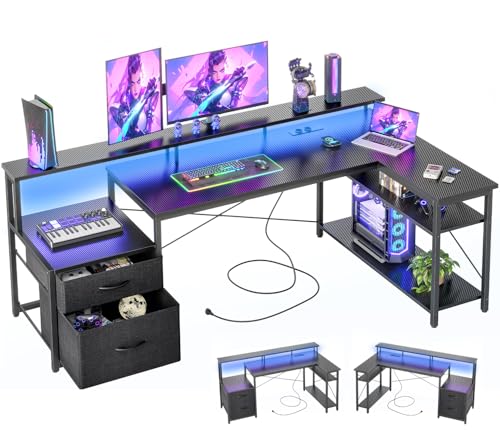 BEXEVUE Escritorio Esquinero LED Tomas Corriente - 165x80cm Ergonómico Escritorio Forma L, 2 Cajones Estantes Reversibles, Grande Soporte Monitor, Mesa Escritura Estudio Juego Trabajo Oficina Hogar