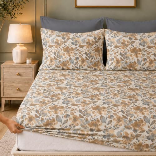 Image of LANE LINEN Symphony | 100% Cotton Sheet Set | Soft & Breathable Fabric | 3 Piece (1 Bedsheet + 2 Pillow Covers) | King Bed Sheet Set - Mustard and Grey Floral