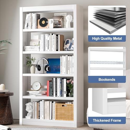 Image of VASAAOSD Metal Bookshelf, Adjustable White Bookcase, 5 Tier, 61 inch Tall | Sturdy Metal, Adjustable, Toolless Easy Assembly Book shelves, For Home Office, Living Room, Bedroom, Library