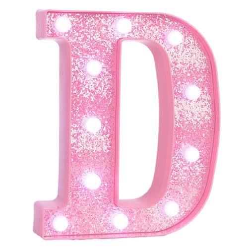 Image of Pink Marquee Light Up Letters, Glitter Alphabet LED Letter Lights for Pink Birthday Party Decorations, Battery Operated Letter Sign for Girls Room Vanity Table Decor, Cool White Lights Letter D