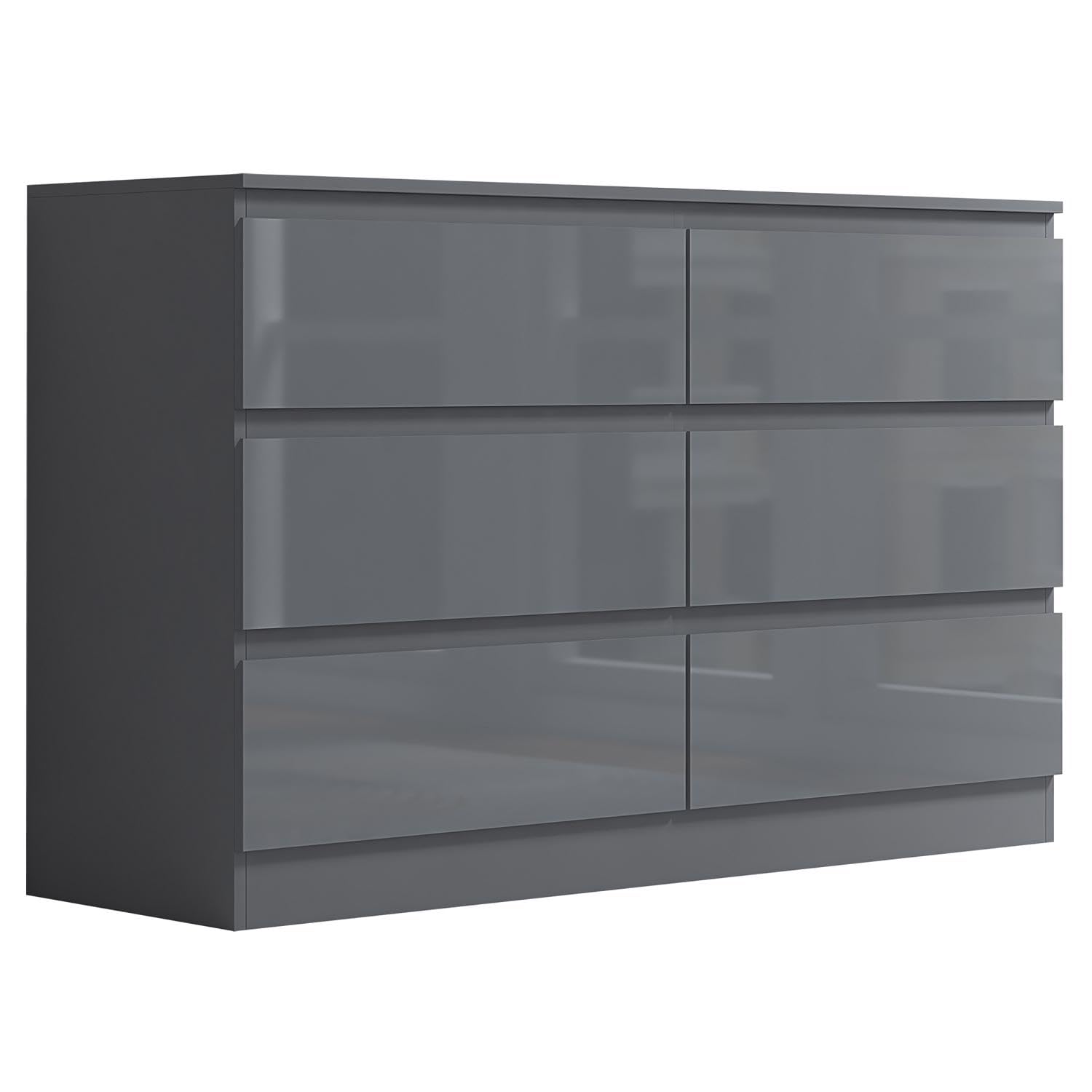 FWStyle Large 6 Drawer Chest Matt Grey with Grey Gloss Drawer Fronts Bedroom Furniture Storage - W110 x H77 x D40cm