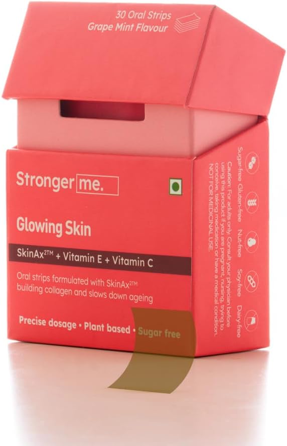 Stronger Me Skin Supplement with Plant Based Vitamin E, D3, C, SkinAx2TM for Building Collagen, Slow Down Ageing and Reduced Hyperpigmentation | 30 Oral Melting Strips | Grape-mint Flavoured.