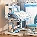 Study Desk and Chair Set for Kids 3-15, Children School Study Table Set with Adjustable Tilt Angle Desktop Sitting Corrector Ergonomic Desk Chair with Book Stand Foot Pedal Partition Design Blue