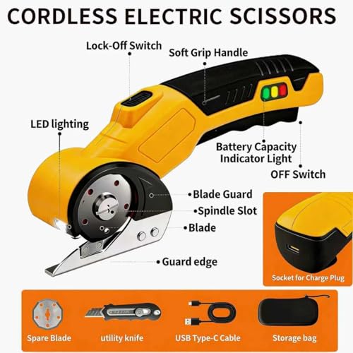 Image of AYP 4.2V Cordless Electric Scissors, Fabric Leather Plastic Cutter Machine, Rotary Utility Knife for Carpet Cardboard Craft Cutting with Storage Box(Yellow)