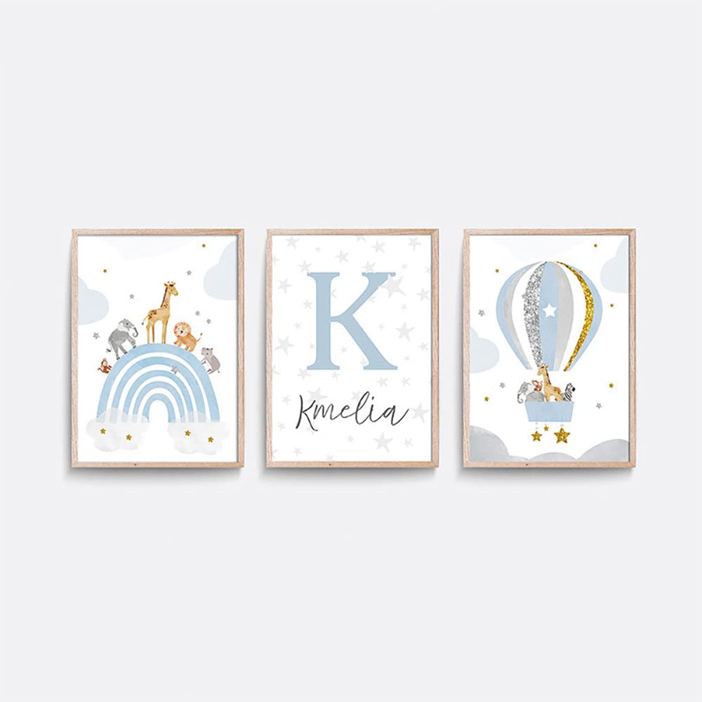 3 Poster Nordico Infantil Lamina Nombre Personalizado Bebe Cuadros Habitacion Arcoiris Globos Aerostáticos para Decoracion Dibujos Animales Azul Niños Impresión en Lienzo 30 x 40 cm sin Marco